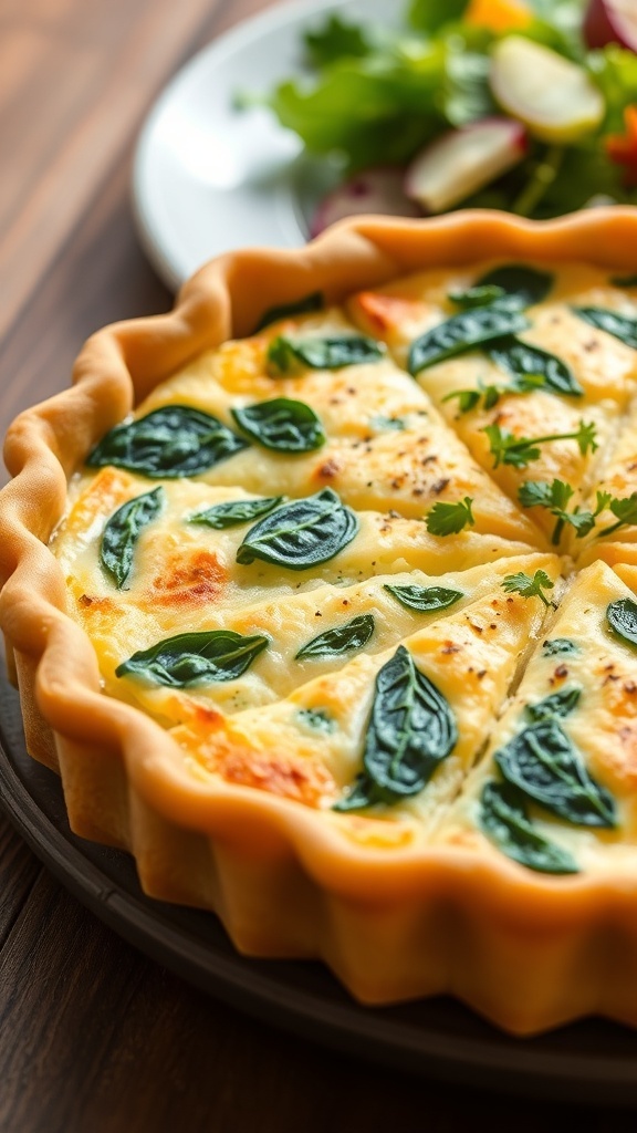 A slice of high-protein spinach and cheese quiche on a wooden table, garnished with herbs, alongside a fresh salad.